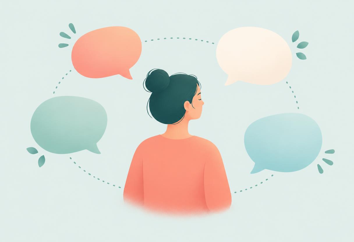 A calm person surrounded by softly floating speech bubbles